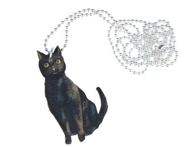 Katzen Kette Halskette Miniblings 80cm Haustier schwarze Katze Holz bedruckt