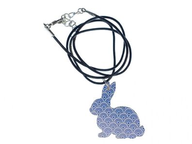 Hase Kette Halskette Miniblings 45cm Leder Osterhase Kaninchen Holz dunkelblau