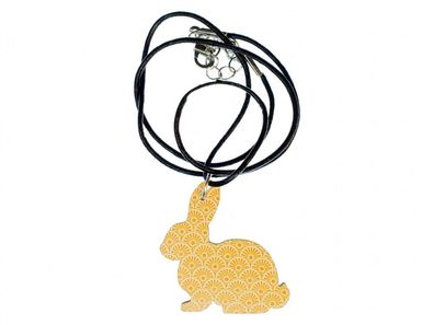 Hase Kette Halskette Miniblings 45cm Halsband Leder Ostern Kaninchen Holz gelb