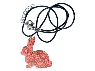 Hase Kette Halskette Miniblings 45cm Halsband Leder Osterhase Kaninchen Holz rot