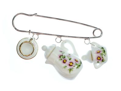 Teatime Brosche Anstecknadel Miniblings Anstecker Teekanne Tasse Kännchen Blumen