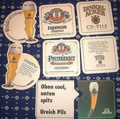8 Bierdeckel Dinkelacker, Erdinger, Weldebräu, Eichbaum