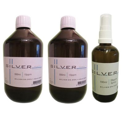 Kolloidales Silber 2x 500ml | 10ppm Flasche + 100ml | 25ppm Sprühflasche pur
