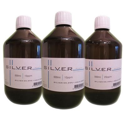 Kolloidales Silber 3x Braunglasflasche (2x500ml/10ppm + 1x500ml/25ppm) Silver