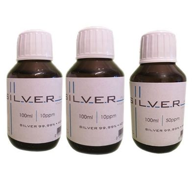 Kolloidales Silber 3x Braunglasflasche (2x100ml/10ppm + 1x100ml/50ppm) Silver