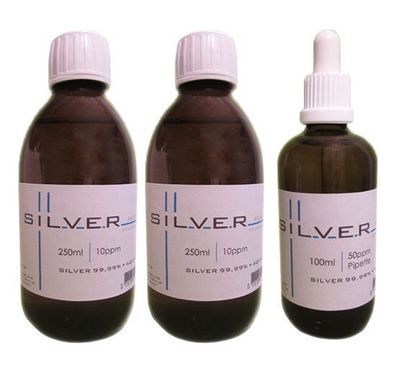 Kolloidales Silber 2x 250ml | 10ppm Flasche + 100ml | 50ppm Pipettenflasche pur