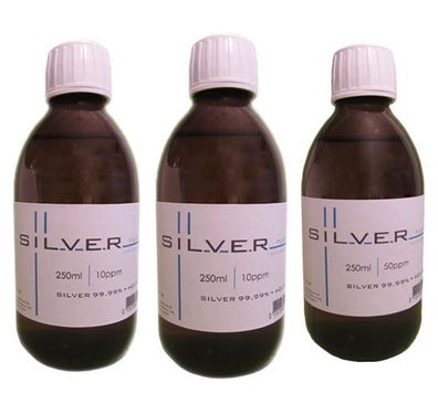 Kolloidales Silber 3x Braunglasflasche (2x250ml/10ppm + 1x250ml/50ppm) Silver