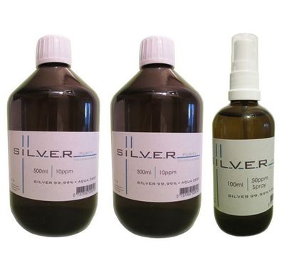 Kolloidales Silber 2x 500ml | 10ppm Flasche + 100ml | 50ppm Sprühflasche pur