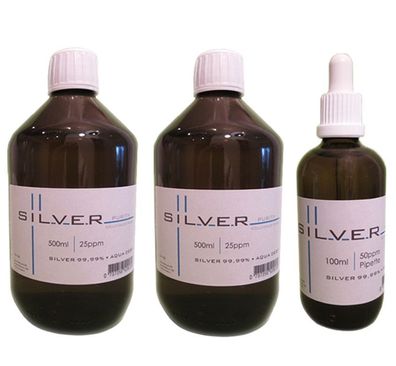 Kolloidales Silber 2x 500ml | 25ppm Flasche + 100ml | 50ppm Pipettenflasche pur