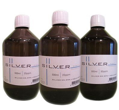 Kolloidales Silber 3x Braunglasflasche (2x500ml/25ppm + 1x500ml/50ppm) Silver