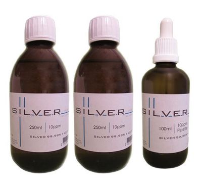 Kolloidales Silber 2x 250ml | 10ppm Flasche + 100ml | 10ppm Pipettenflasche pur