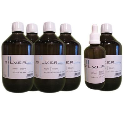 Kolloidales Silber 5x 500ml | 50ppm Flasche + 100ml | 50ppm Pipettenflasche pur