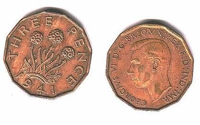 3 Pence Messing Münze Großbritannien 1941