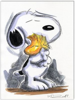 Klausewitz: Original Feder und Aquarell : Peanuts Snoopy & Woodstock I/ 24x32 cm
