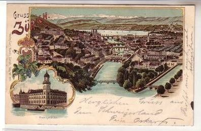 57964 Ak Lithographie Gruß aus Zürich Totalansicht und Postgebäude 1899