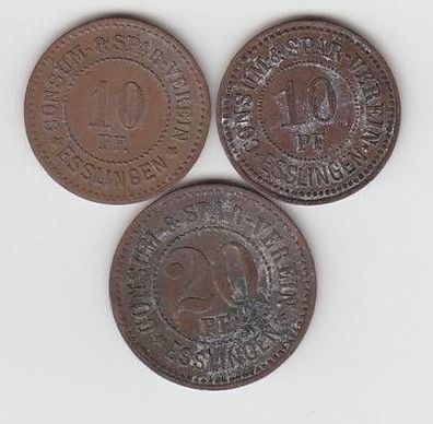 3 Bronze Münzen 2 x 10, 20 Pfennig Notgeld Consum Spar Verein Esslingen um 1920