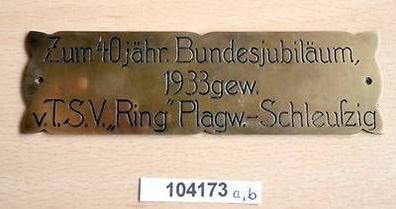 seltene Plakette 40jähr. Bundesjubiläum TSV "Ring" Plagwitz Schleussig 1933