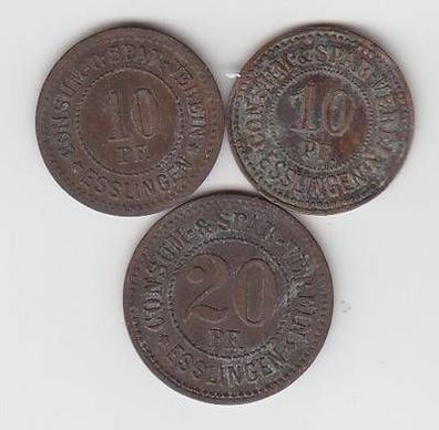 3 Bronze Münzen 2 x 10, 20 Pfennig Notgeld Consum Spar Verein Esslingen um 1920