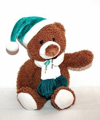 Maskottchen brauner kleiner weicher Weihnachts Teddy 25 cm mit grüner Mütze und Schal