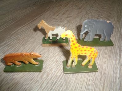 4 Tiere , Holztiere, Spielfiguren, Flachtiere aus der Wildnis- Erzgebirge DDR