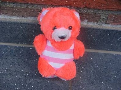rot / orangefarbener Bär, mit Hose und Pullunder, rosa/ weiß gestreift, Stofftier