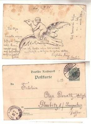 57747 private gezeichnete Postkarte Kind auf einem Vogel 1898