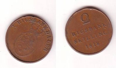 2 Rigsbank Schilling Skilling Kupfer Münze Dänemark Danske 1818