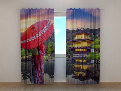 Fotogardine Frau im Kimono See bedruckt Fotovorhang mit Motiv Gardine nach Maß