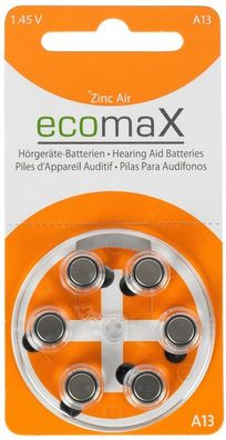 60 Stück ecomaX Hörgerätebatterie Typ 13, PR48, orange, A13, Hörgeräte Batterie