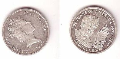 10 Dollar Silber Münze Cook Inseln 1990 500 Jahre Amerika, Schiff Kolumbus