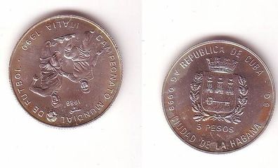 5 Pesos Silber Münze Kuba Cuba 1988 Fußball WM Italien 1990, 2 Spieler