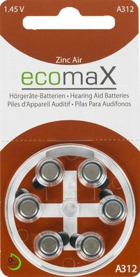 90 Stück ecomaX Hörgerätebatterie Typ 312, PR41, braun, A312, Hörgeräte Batterie