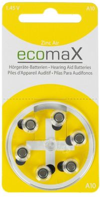 120 Stück ecomaX Hörgerätebatterie Typ 10, PR70, gelb, A10, Hörgeräte Batterie