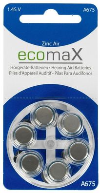 ecomaX Hörgerätebatterie Typ 675, PR44, Blau, A675, Hörgeräte Batterie