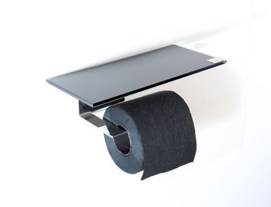 Toilettenpapierhalter aus Edelstahl mit Abstellfläche aus Glas schwarz (2)