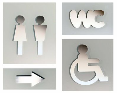 WC-Schilder Türschild-Set Frau Mann Rollstuhlfahrer Pfeil WC Edelstahl glänzend