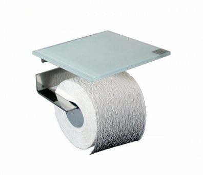 Toilettenpapierhalter aus Edelstahl mit quadrat. Abstellfläche aus Glas weiß