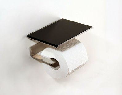 Toilettenpapierhalter aus Edelstahl mit Abstellfläche aus Glas schwarz (1)