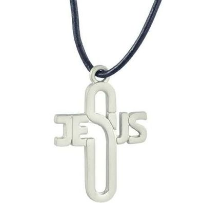 Kette Halskette mit Anhänger Kreuz Edelstahl Schriftzug Jesus mit Lederband