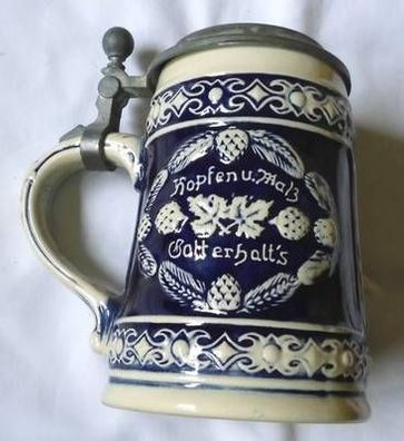 hübscher alter Keramik Krug mit Zinndeckel "Hopfen und Malz Gott erhalt´s"