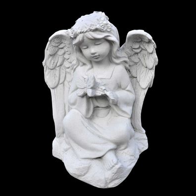 Massive kleine Steinfigur Engel mit Schmetterling Skulptur Steinguss Gartendeko