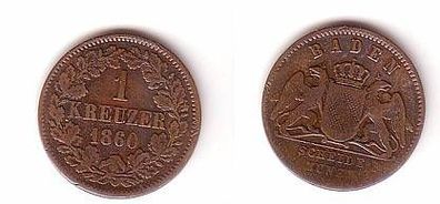 1 Kreuzer Kupfer Münze Baden 1860 f. ss