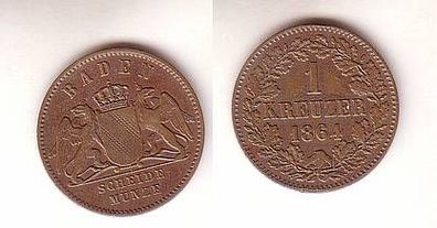 1 Kreuzer Kupfer Münze Baden 1864 ss