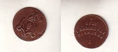1 Pfennig Kupfer Münze Stadt Augsburg 1799 f. ss