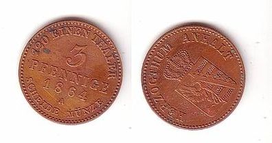 3 Pfennig Kupfer Münze Herzogtum Anhalt 1864 A