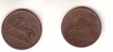 2 Pfennig Kupfer Münze Hannover 1855 B f. ss