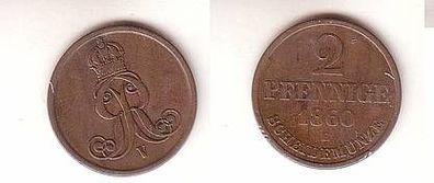 2 Pfennig Kupfer Münze Hannover 1860 B f. ss