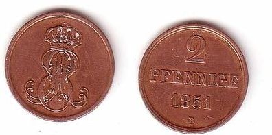 2 Pfennig Kupfer Münze Hannover 1851 B ss+