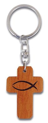 Schlüsselanhänger Kreuz Holzkreuz Braun mit gelasertem Fisch-Symbol
