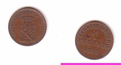 1 Pfennig Kupfer Münze Hessen Darmstadt 1872 ss
